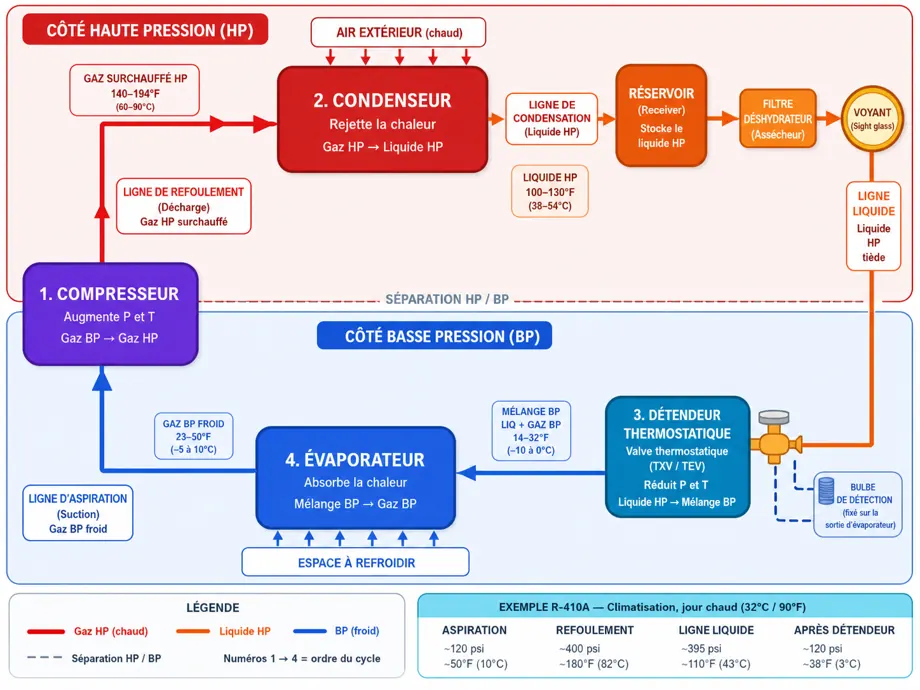 Schéma du cycle frigorifique dans la grille de cours étudiant